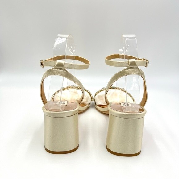 Badgley Mischka Size 10 Ivory Satin Jeweled Block Heels Wedding Shoes Sandals - Picture 7 of 12